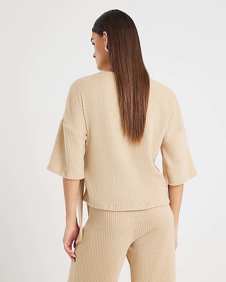 Beige Short Sleeve Ribbed Tie Detail Top