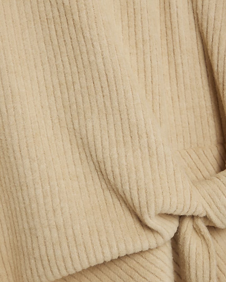 Beige Short Sleeve Ribbed Tie Detail Top