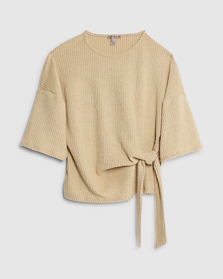 Beige Short Sleeve Ribbed Tie Detail Top