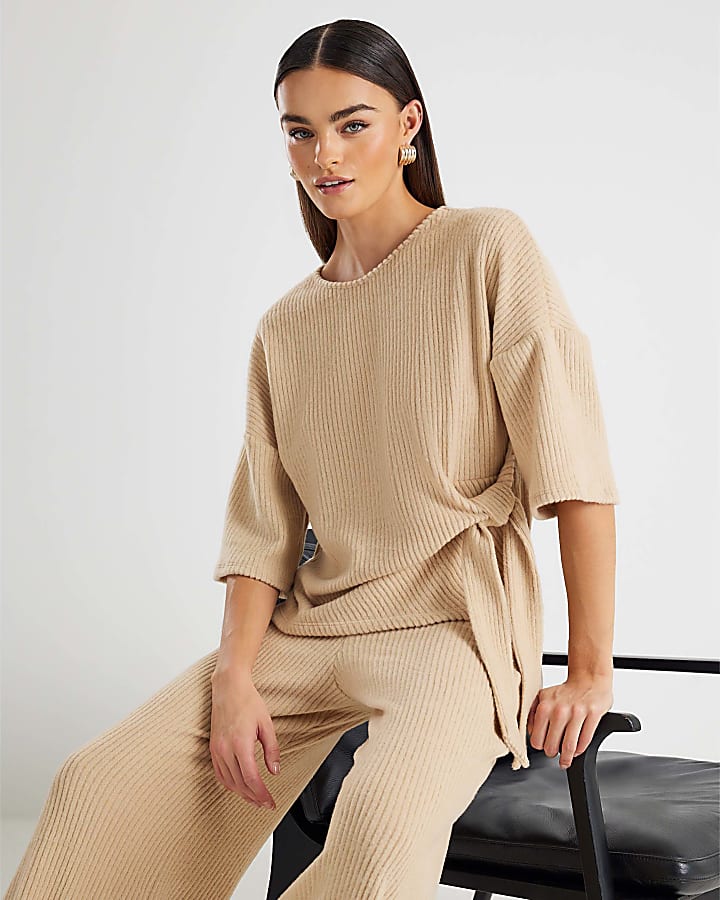 Beige Short Sleeve Ribbed Tie Detail Top