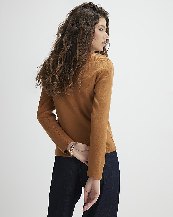 Brown Knitted Embellished Button Polo Top