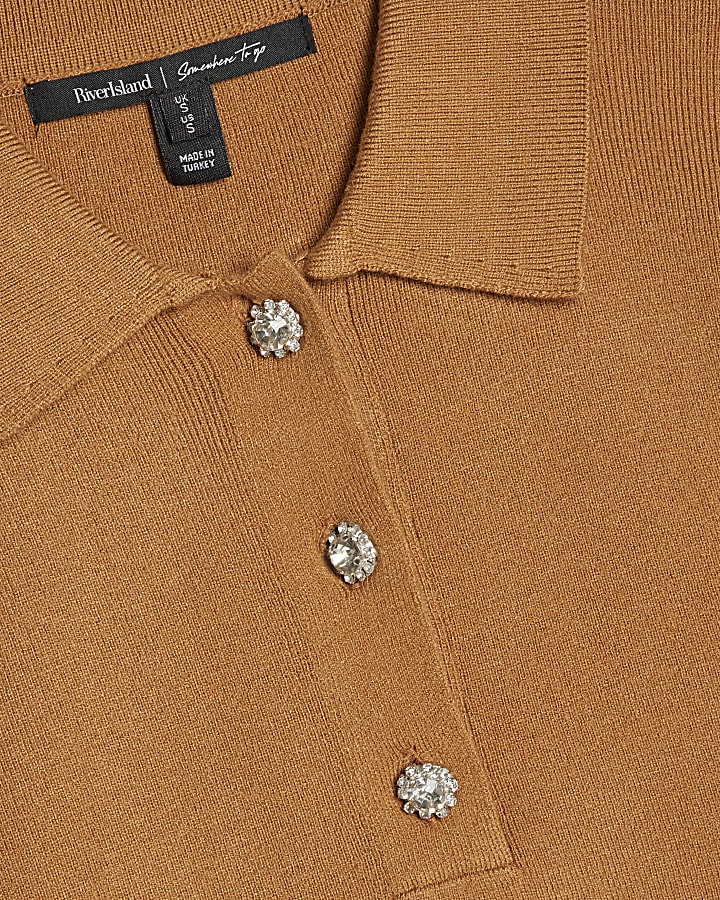 Brown Knitted Embellished Button Polo Top