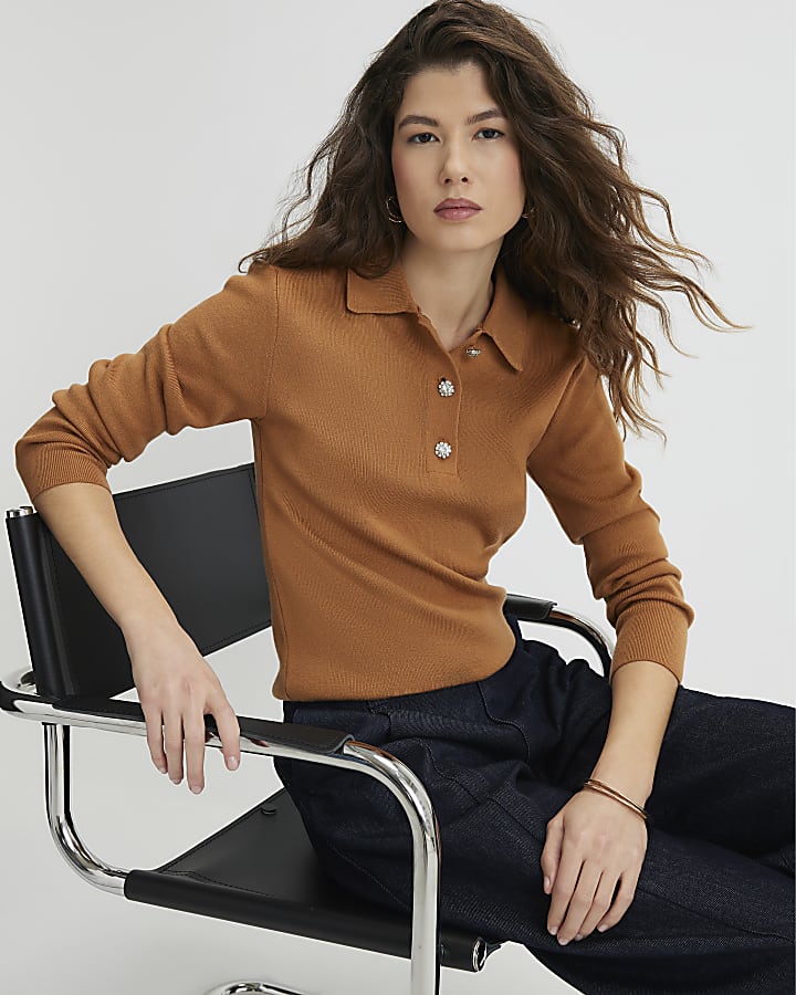 Brown Knitted Embellished Button Polo Top