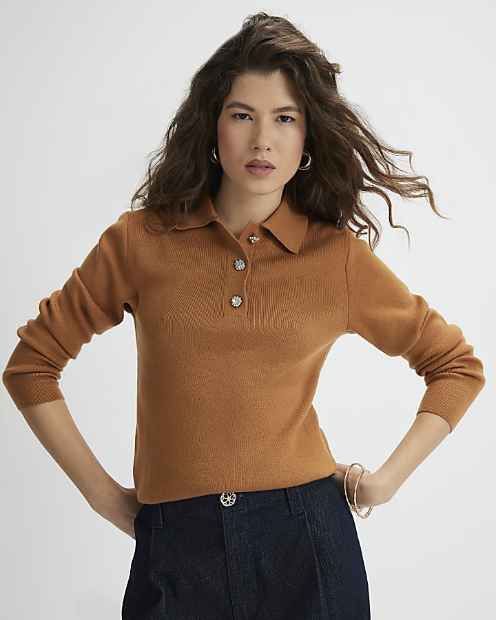 Brown Knitted Embellished Button Polo Top