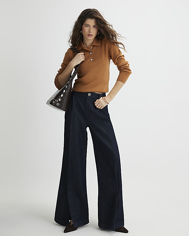 Brown Knitted Embellished Button Polo Top