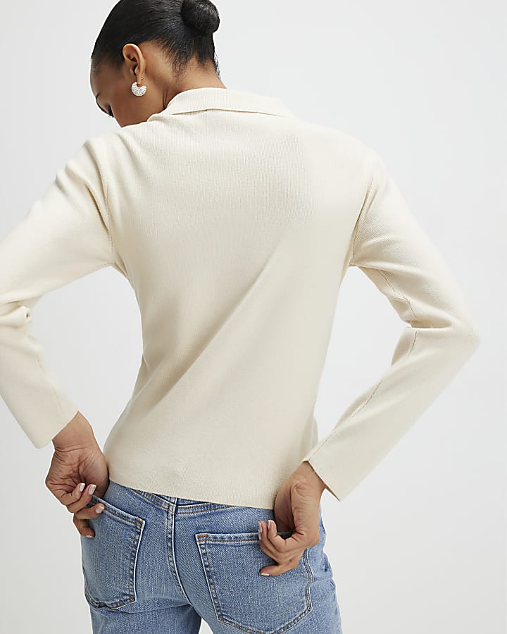 Cream Polo Embellished Button Top