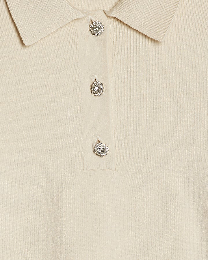 Cream Polo Embellished Button Top
