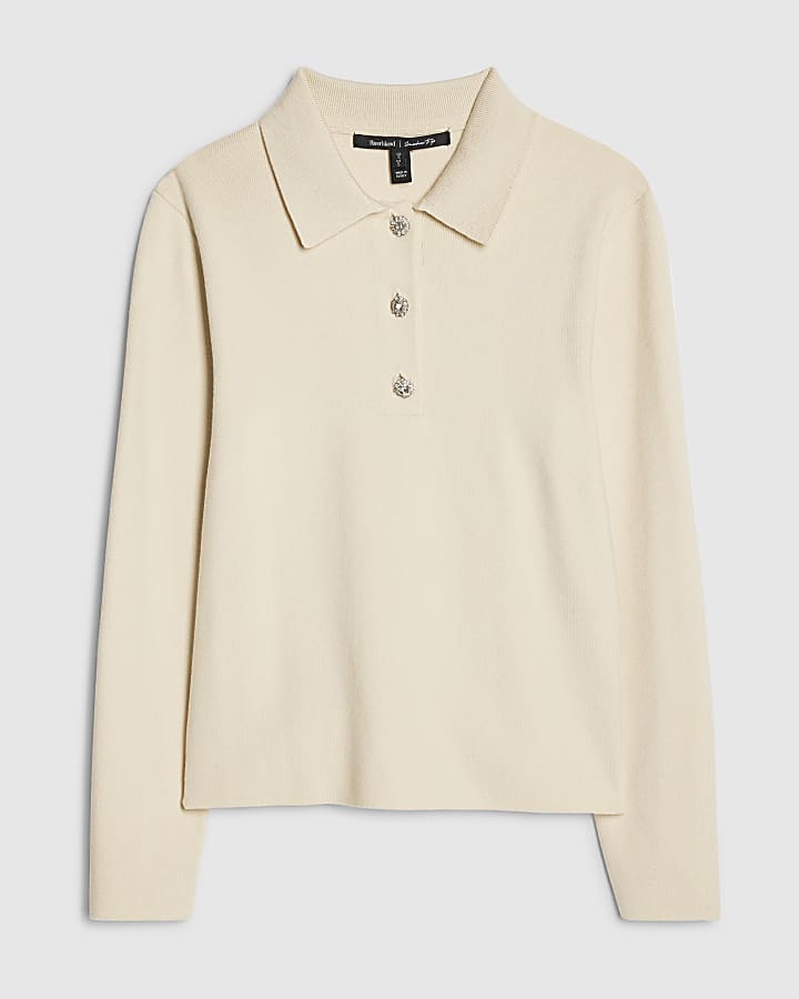 Cream Polo Embellished Button Top