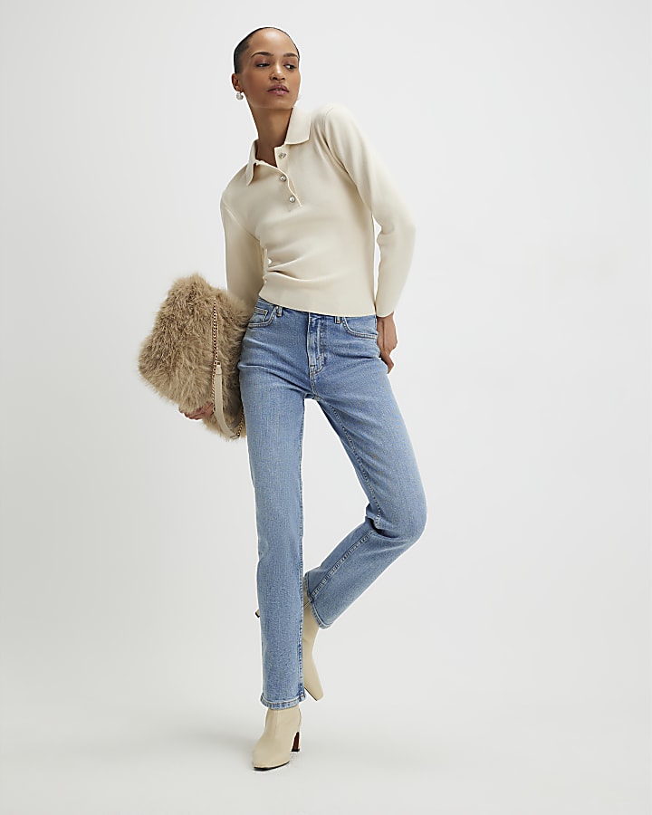 Cream Polo Embellished Button Top