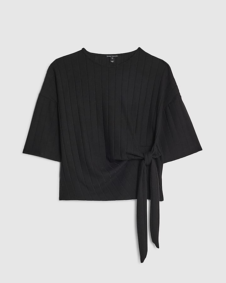 Black Cosy Wide Rib Knot Side Top