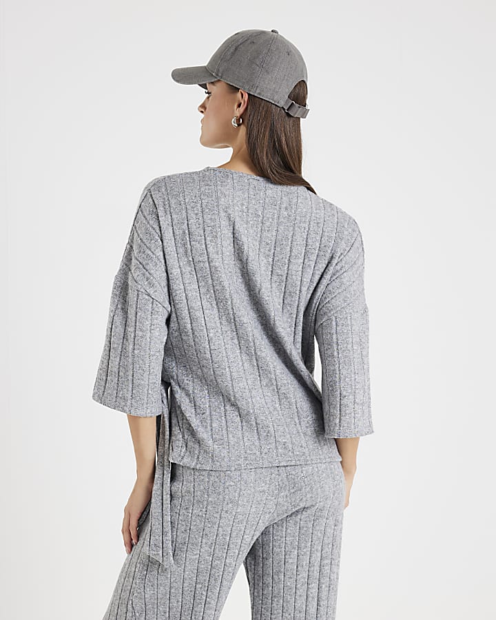 Grey Short Sleeve Cosy Wide Rib Knot Side Top