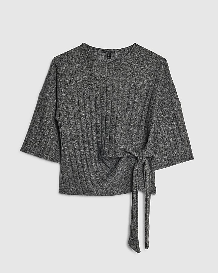 Grey Short Sleeve Cosy Wide Rib Knot Side Top