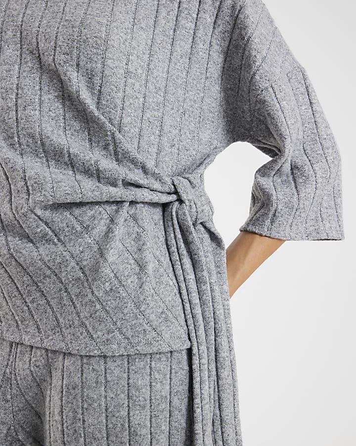 Grey Short Sleeve Cosy Wide Rib Knot Side Top