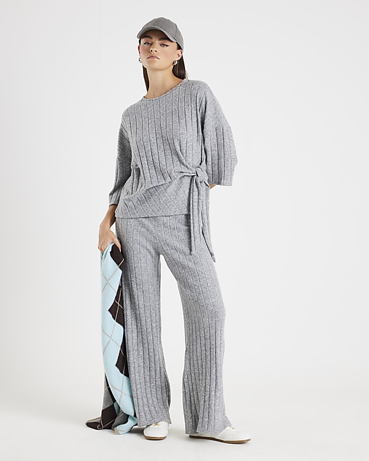 Grey Short Sleeve Cosy Wide Rib Knot Side Top