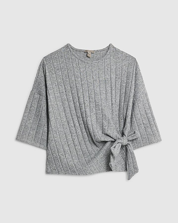 Grey Cosy Wide Ribbed Knot Side Top