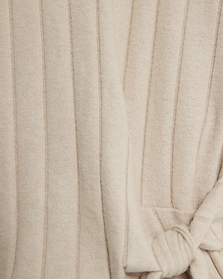 Beige Short Sleeve Wide Ribbed Knot Side Top
