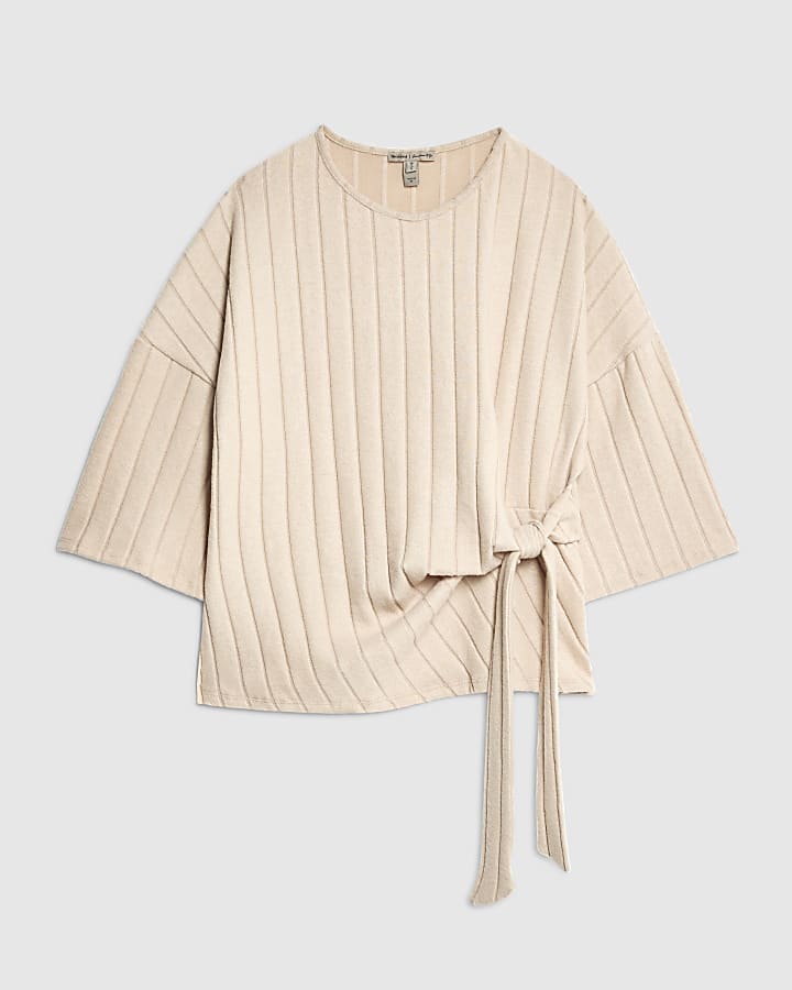 Beige Short Sleeve Wide Ribbed Knot Side Top