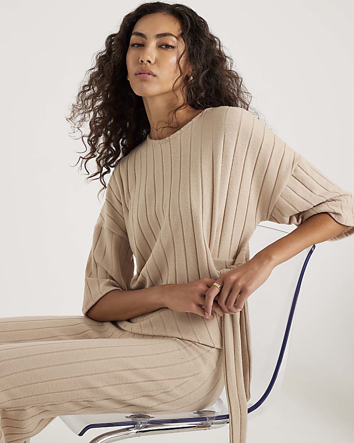 Beige Short Sleeve Wide Ribbed Knot Side Top