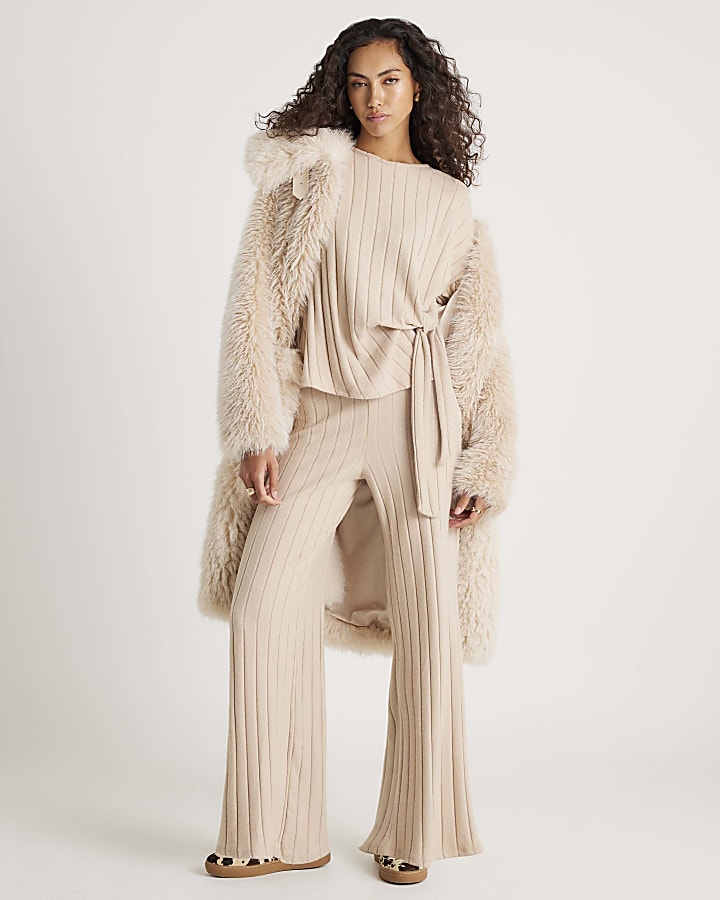Beige Short Sleeve Wide Ribbed Knot Side Top
