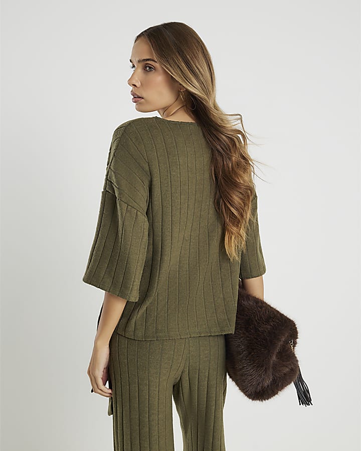 Khaki Cosy Wide Rib Knot Side Top