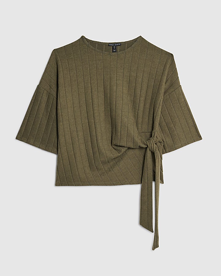 Khaki Cosy Wide Rib Knot Side Top