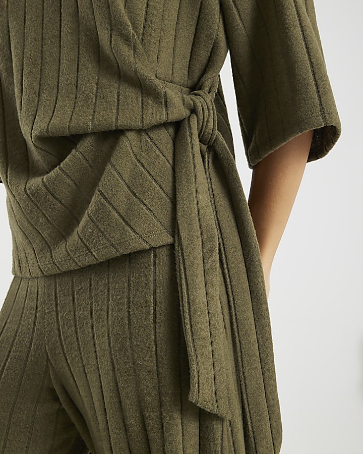 Khaki Cosy Wide Rib Knot Side Top