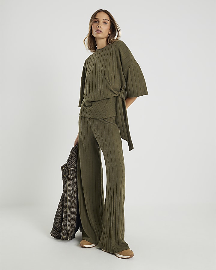 Khaki Cosy Wide Rib Knot Side Top