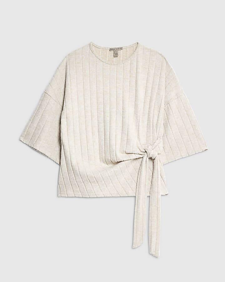 Cream Short Sleeve Wide Ribbed Knot Side Top