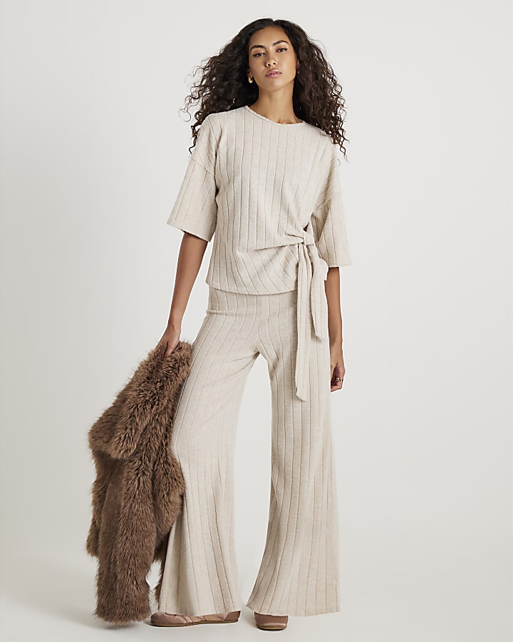 Cream Short Sleeve Wide Ribbed Knot Side Top