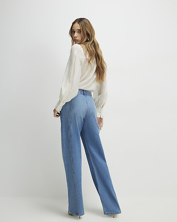 Blue Relaxed Straight Scallop Seam Jeans