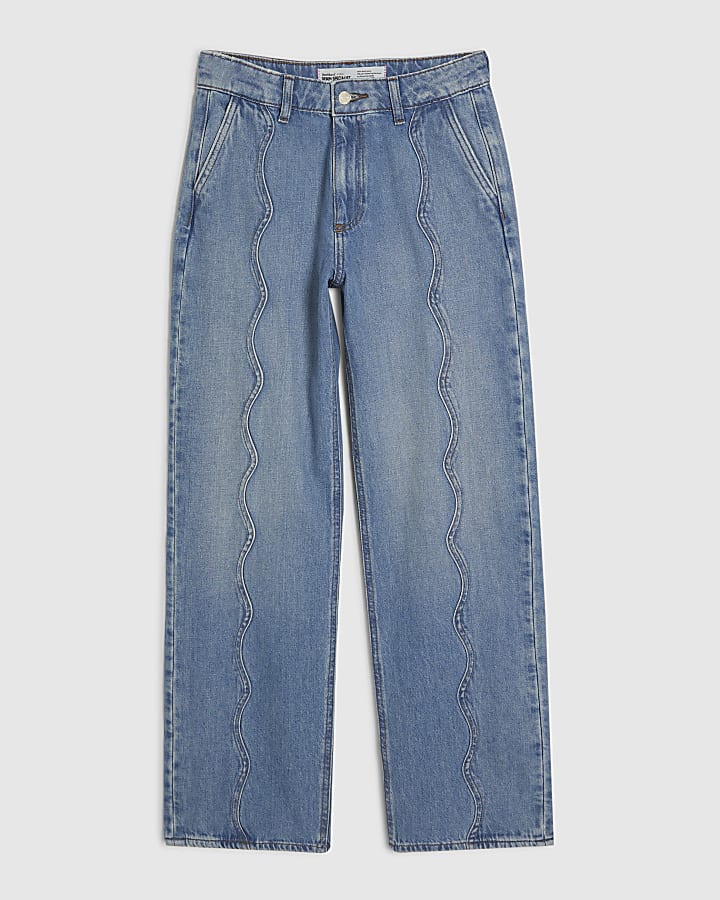 Blue Relaxed Straight Scallop Seam Jeans