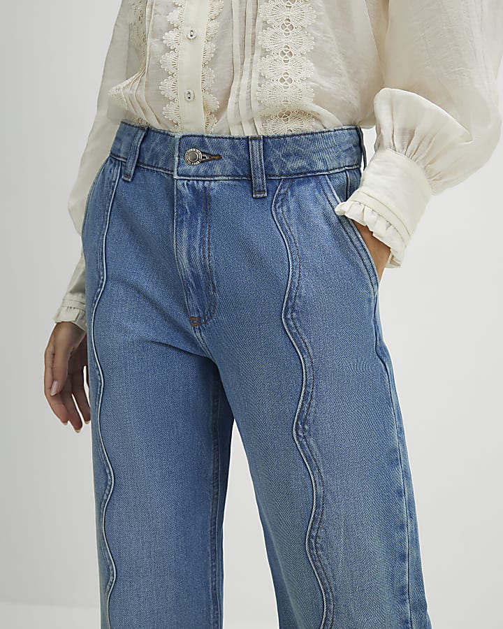 Blue Relaxed Straight Scallop Seam Jeans