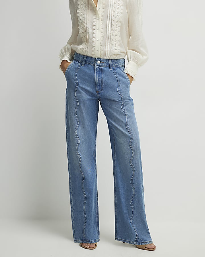 Blue Relaxed Straight Scallop Seam Jeans