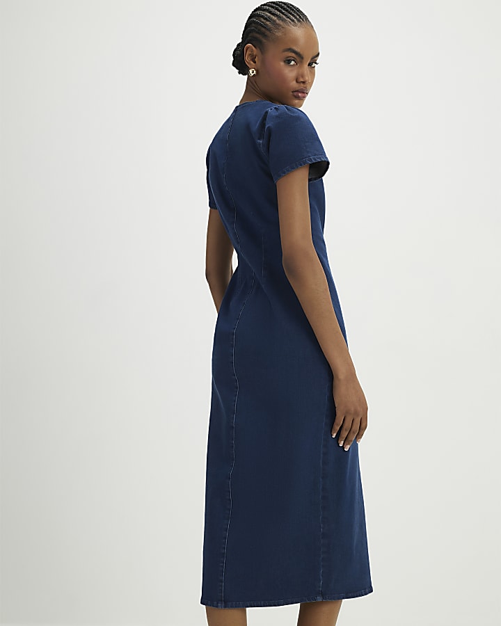 Blue Denim Button Cap Sleeve Midi Dress