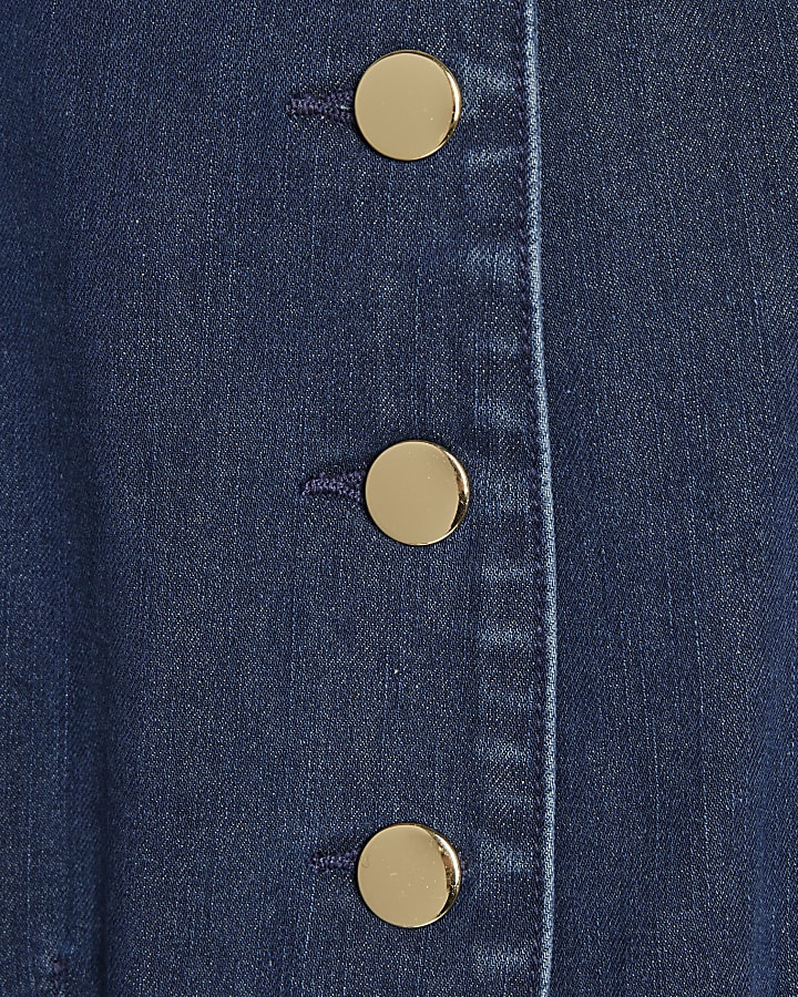 Blue Denim Button Cap Sleeve Midi Dress