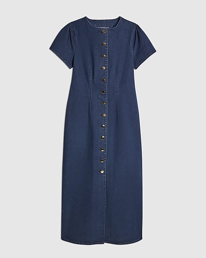 Blue Denim Button Cap Sleeve Midi Dress