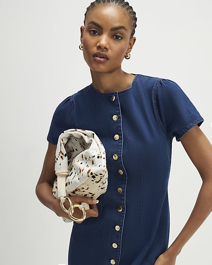 Blue Denim Button Cap Sleeve Midi Dress