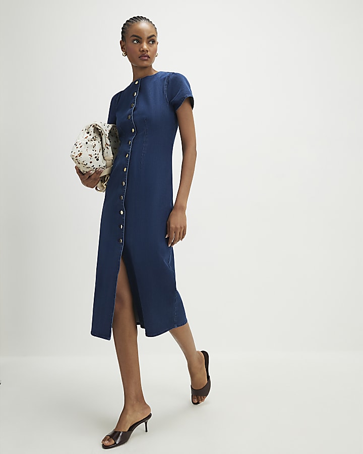 Blue Denim Button Cap Sleeve Midi Dress