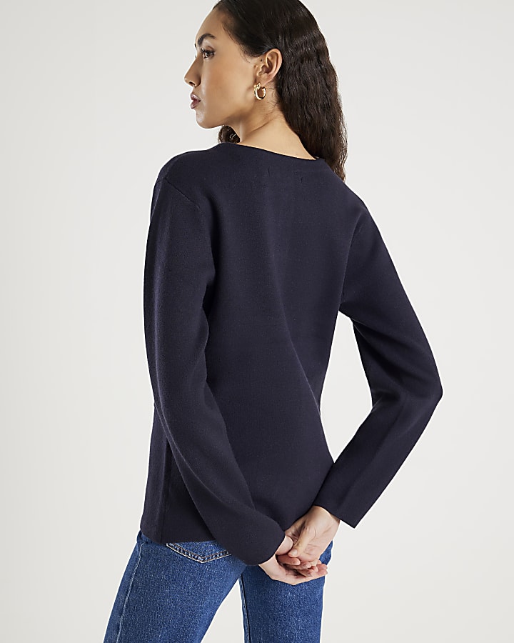 Navy Knitted Long Sleeve Structured Cardigan