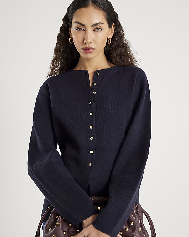 Navy Knitted Long Sleeve Structured Cardigan