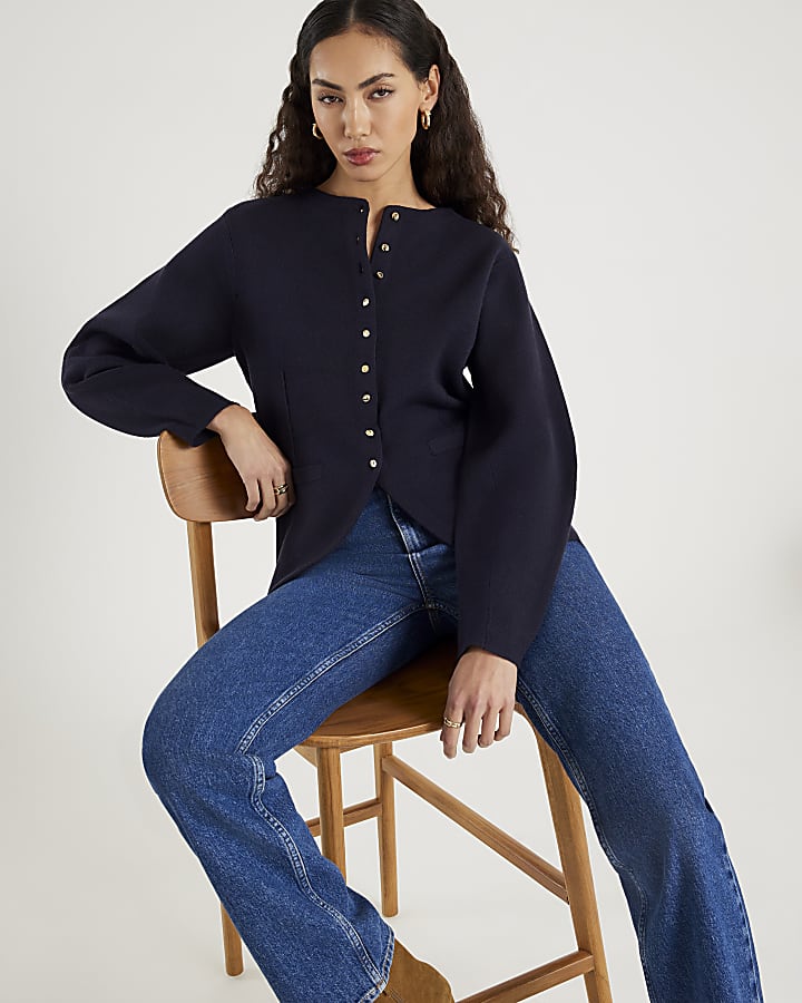 Navy Knitted Long Sleeve Structured Cardigan