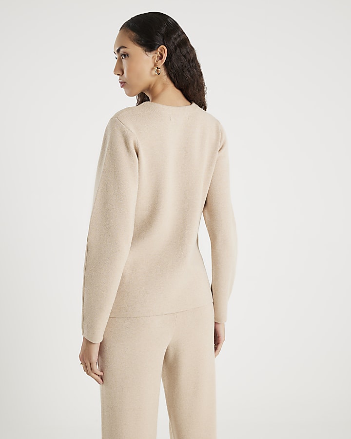 Beige Knitted Long Sleeve Structured Cardigan