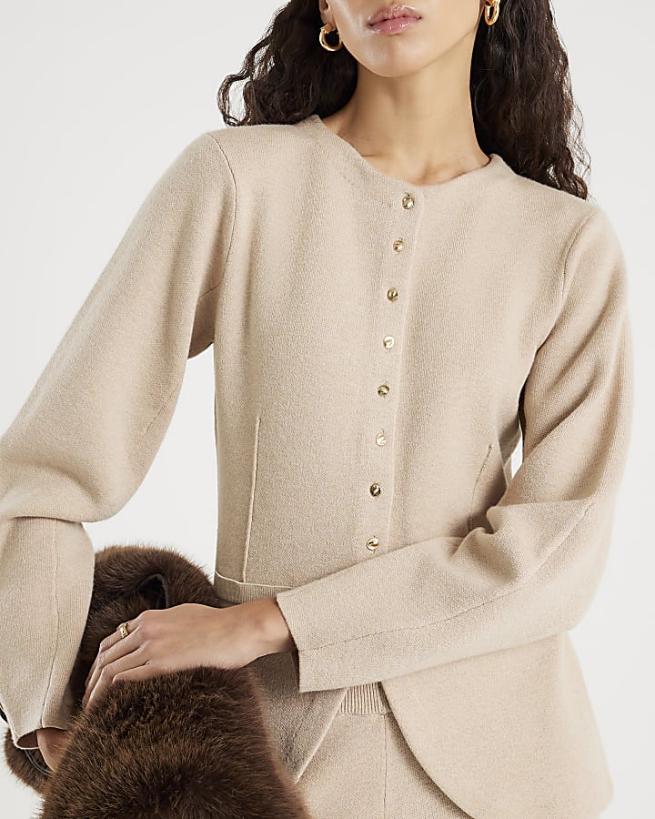 Beige Knitted Long Sleeve Structured Cardigan