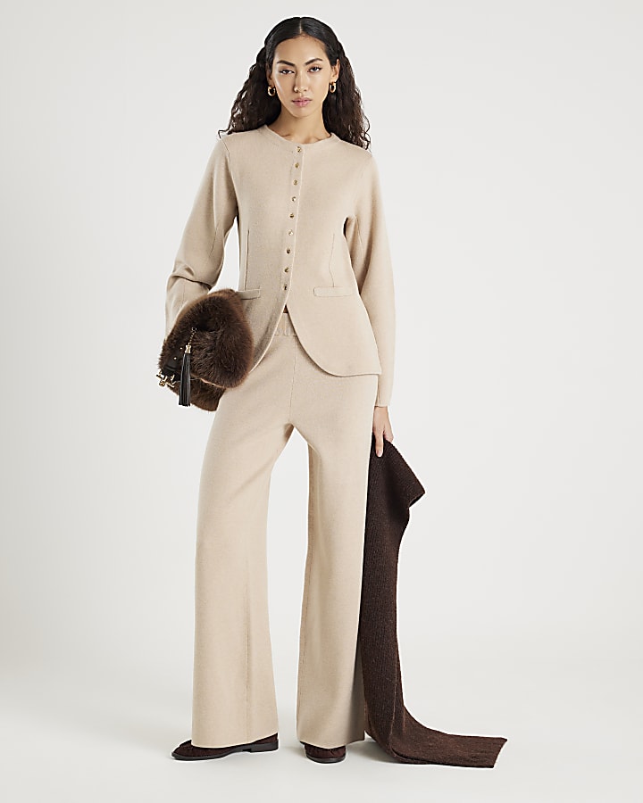 Beige Knitted Long Sleeve Structured Cardigan