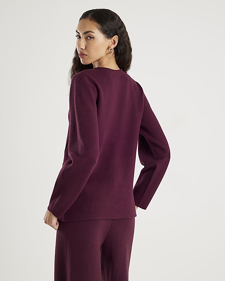 Red Knit Long Sleeve Structured Cardigan