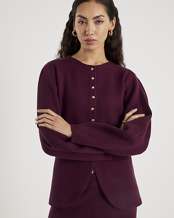 Red Knit Long Sleeve Structured Cardigan