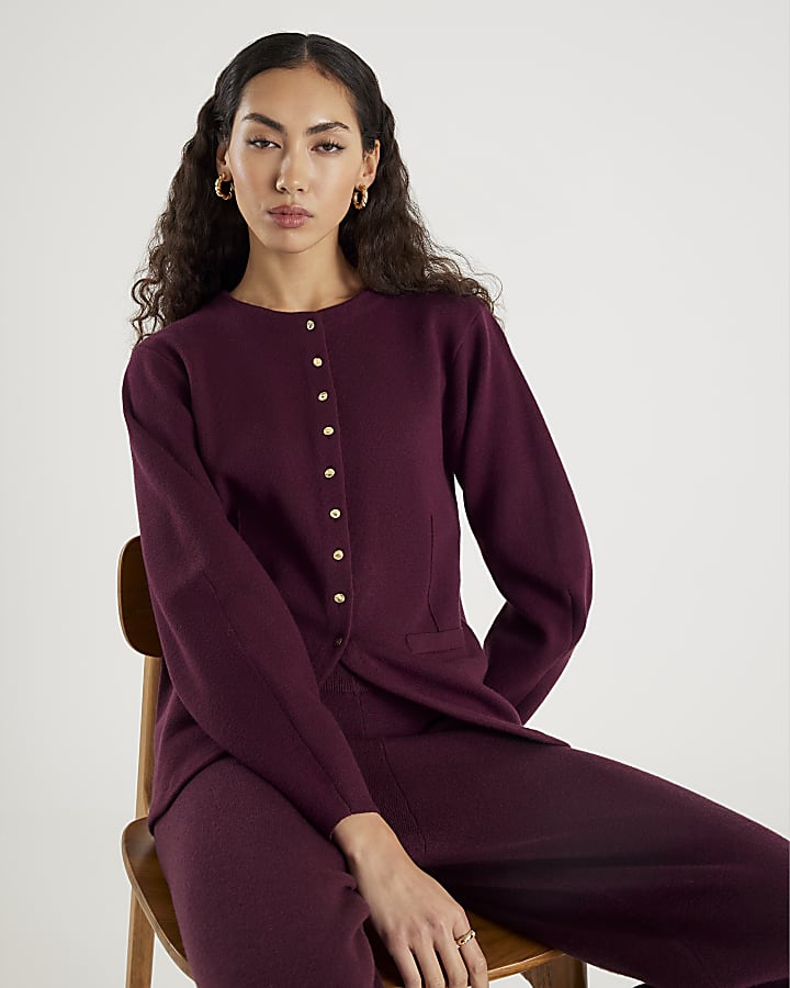 Red Knit Long Sleeve Structured Cardigan