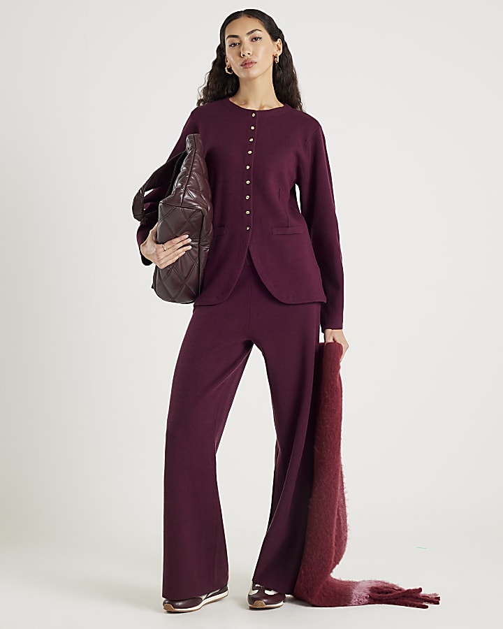 Red Knit Long Sleeve Structured Cardigan