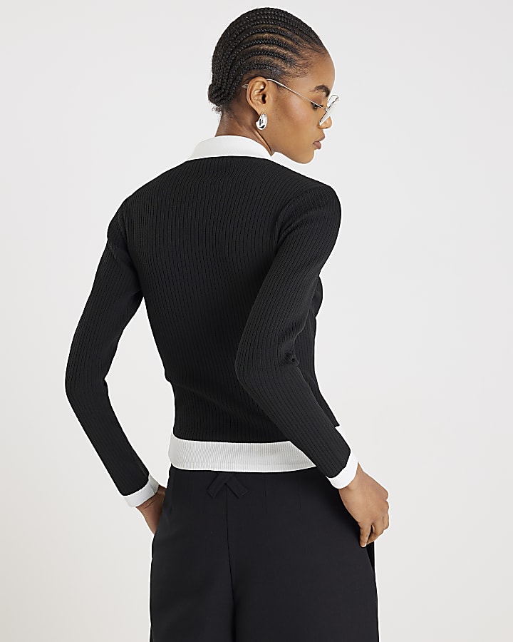 Black Long Sleeve Ribbed Polo Top
