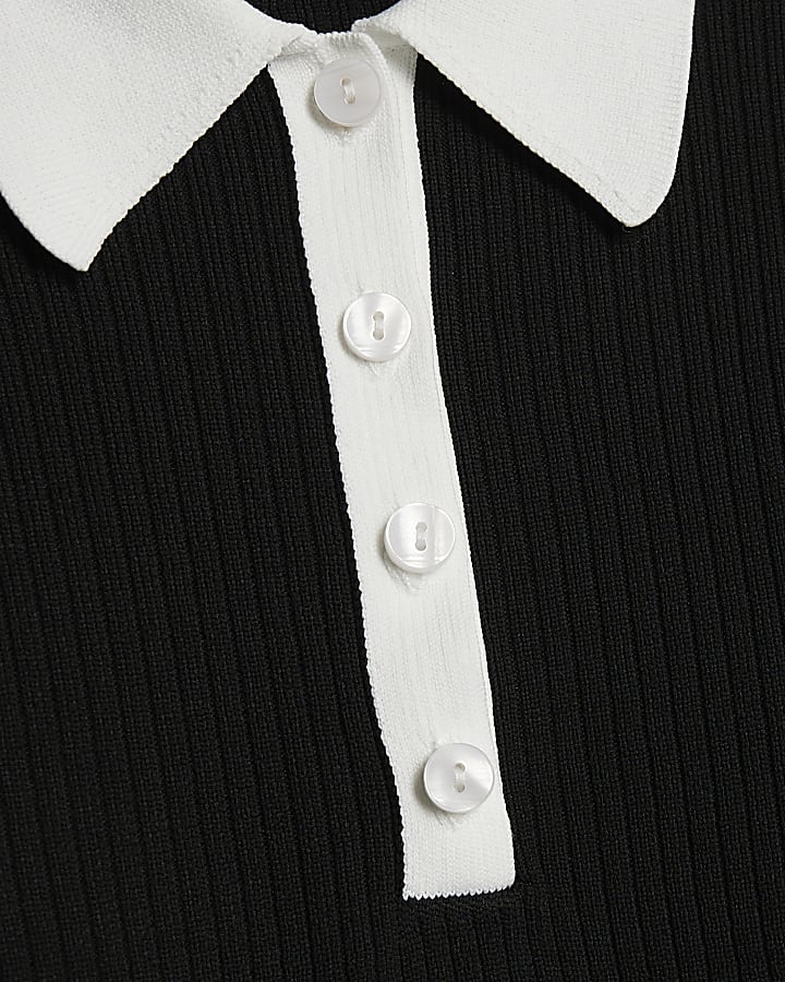 Black Long Sleeve Ribbed Polo Top